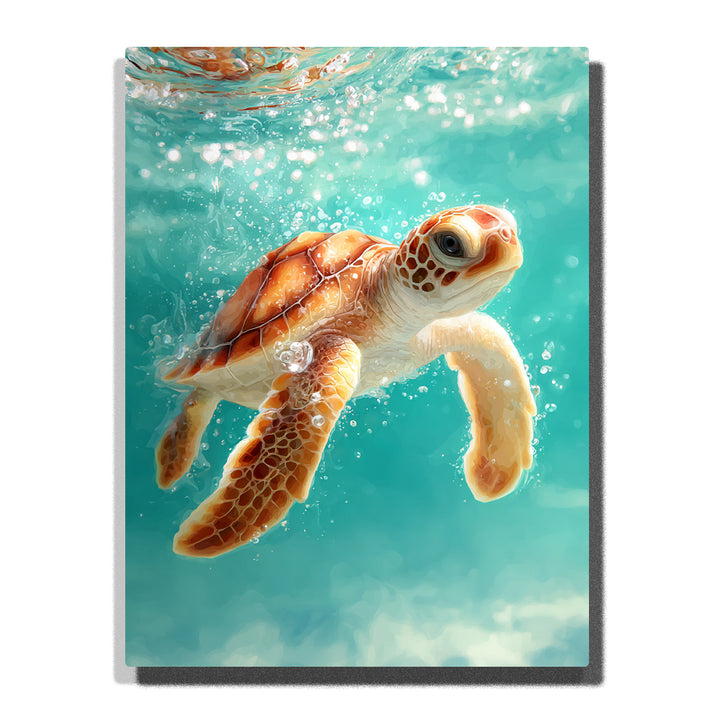 Sea turtle swimming in sunlit turquoise water with bubbles, orange-brown shell, creamy flippers, and detailed scale patterns, paint by numbers wall art by PaintEasy
