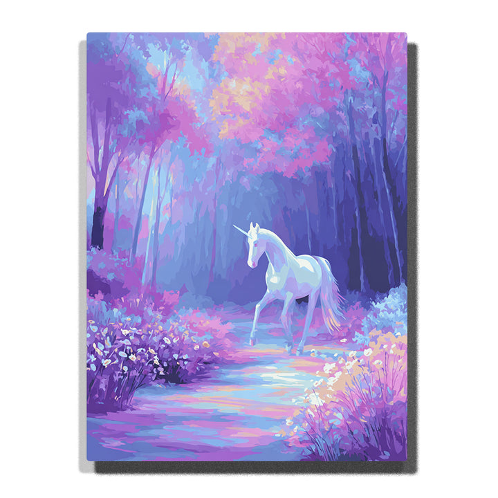 White unicorn walking through a purple fantasy forest with glowing path, lavender flowers, pastel blue trees, pink-lavender tail, and dreamy woodland light, paint by numbers wall art by PaintEasy