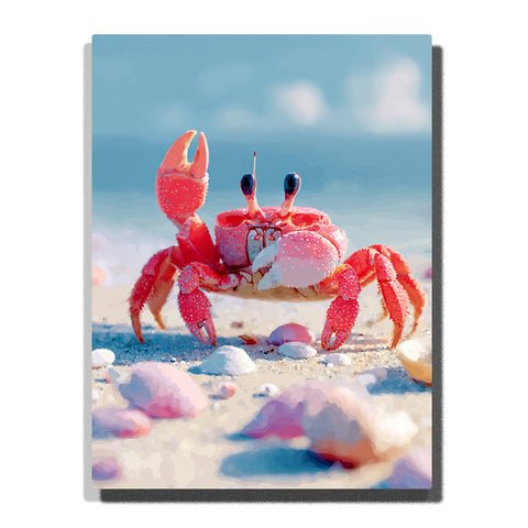 Red crab standing on a sunny beach with raised claws, long eye stalks, pastel seashells, sandy foreground, and soft blue ocean, paint by numbers wall art by PaintEasy
