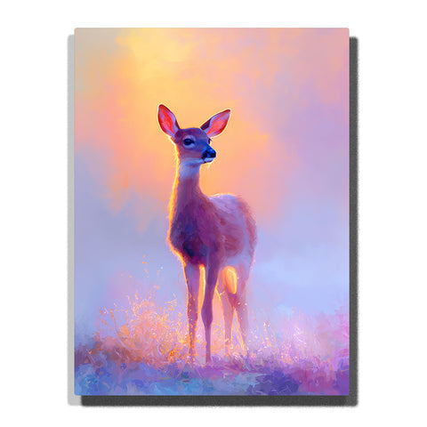 Young deer standing in a soft pastel meadow with large ears, slender legs, warm sunset glow, lavender-blue background, grass highlights, and peaceful wildlife mood, paint by numbers by PaintEasy