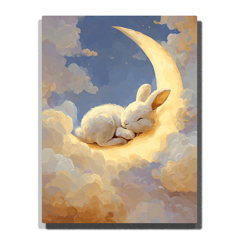 Sleeping bunny curled on a glowing crescent moon among soft clouds with cream fur, folded ears, warm moonlight, and muted blue night sky, paint by numbers wall art by PaintEasy