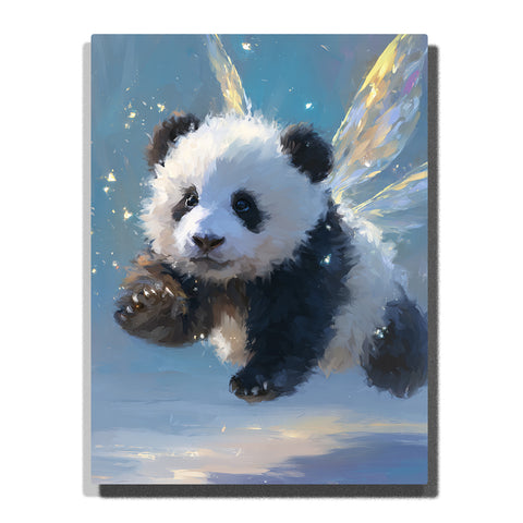 Winged baby panda floating in soft blue glow with fluffy black and white fur, translucent wings, sparkling light, and magical animal mood, paint by numbers by PaintEasy
