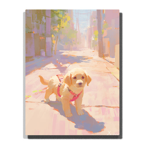Golden puppy wearing a pink harness standing on a sunlit pastel sidewalk, with soft yellow fur, gentle eyes, long street shadows, and blurred warm city buildings in the background, Paint by Numbers kit for kids by PaintEasy.