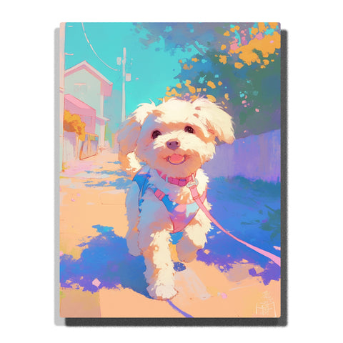 Fluffy white puppy walking on a sunny pastel street with pink leash, blue harness, bright eyes, soft cream fur, warm shadows, and cheerful pet mood, paint by numbers by PaintEasy