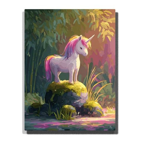 White unicorn standing on a mossy rock in a sunlit forest with golden horn, pink and lavender mane, green foliage, warm light, and magical woodland mood, paint by numbers by PaintEasy