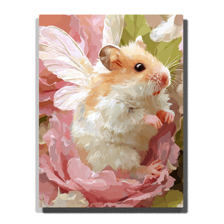 Winged little mouse sitting in pink flowers with cream fluffy fur, translucent fairy wings, tiny paws, soft rose petals, and magical animal garden mood, paint by numbers by PaintEasy