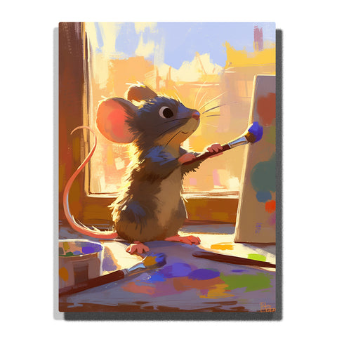 Little mouse painting by a sunny window with paintbrush, canvas, pink ears, soft fur, scattered paint marks, warm indoor light, and cozy animal artist mood, paint by numbers by PaintEasy