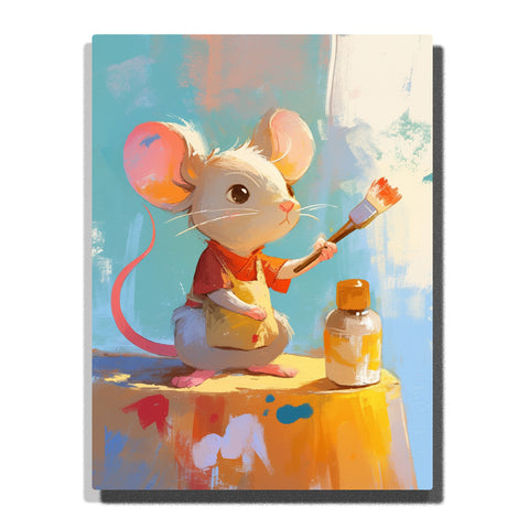 Little white mouse painting with a brush beside a paint jar, wearing red shirt and yellow apron, with pink ears, long tail, soft blue background, and cute animal artist mood, paint by numbers by PaintEasy
