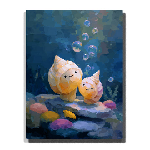 Two smiling spiral seashell characters on a rocky seabed with rising bubbles, colorful pebbles, deep blue water, and soft golden shell highlights, paint by numbers wall art by PaintEasy