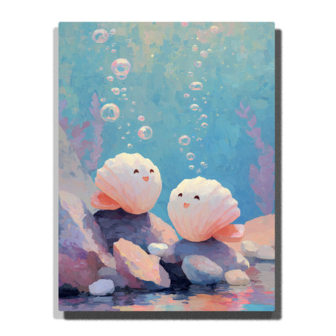 Two smiling seashell characters on pastel rocks with floating bubbles, aqua blue water, coral bases, and soft purple sea plants, paint by numbers wall art by PaintEasy