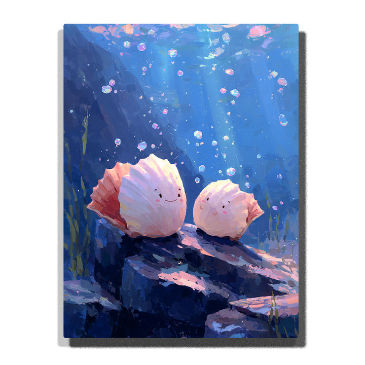 Two smiling seashell characters resting on a rocky seafloor with rising bubbles, blue underwater light rays, and coral-edged shells, paint by numbers wall art by PaintEasy