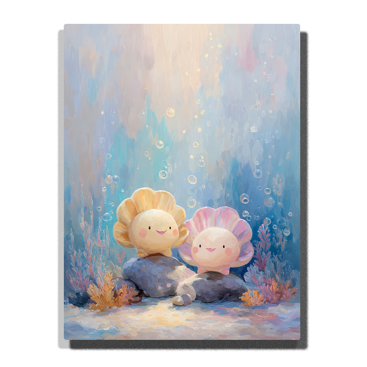 Two smiling seashell characters resting on gray rocks with floating bubbles, pastel blue water, soft coral plants, and warm underwater light, paint by numbers wall art by PaintEasy