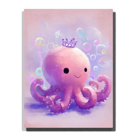 Smiling pink octopus wearing a purple crown with floating bubbles, curled tentacles, black eyes, and soft pastel pink background, paint by numbers wall art by PaintEasy