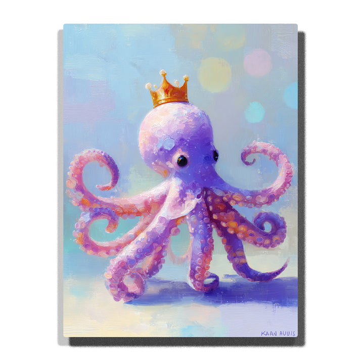 Purple octopus wearing a golden crown with curled tentacles, pink suction cups, pastel blue background, and soft light spots, paint by numbers wall art by PaintEasy