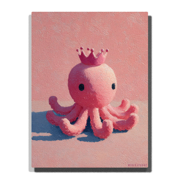 Pink octopus wearing a tiny crown with curled tentacles, simple dark eyes, warm pink background, and soft floor shadow, paint by numbers wall art by PaintEasy