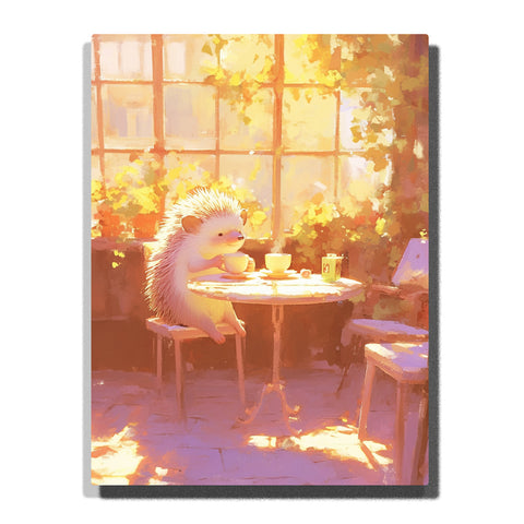 Little hedgehog having tea by a sunny window with teacup, round café table, warm golden light, leafy plants, chairs, and cozy indoor animal mood, paint by numbers by PaintEasy