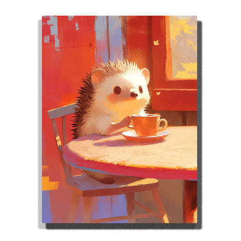 Little hedgehog drinking tea by a red sunny window with orange teacup, round table, wooden chair, spiky fur, warm light, and cozy indoor animal mood, paint by numbers by PaintEasy