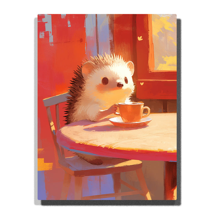Little hedgehog drinking tea by a red sunny window with orange teacup, round table, wooden chair, spiky fur, warm light, and cozy indoor animal mood, paint by numbers by PaintEasy