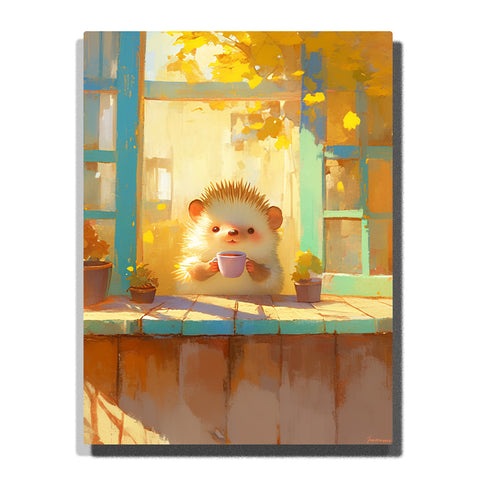 Little hedgehog holding a teacup by an autumn window with golden leaves, teal window frames, potted plants, warm sunlight, fluffy fur, and cozy indoor animal mood, paint by numbers by PaintEasy