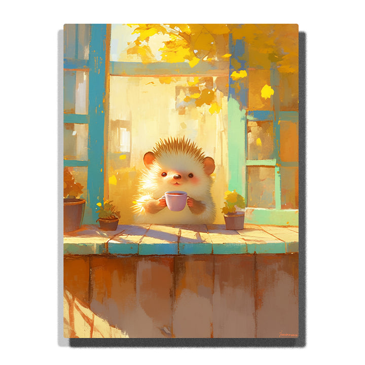 Little hedgehog holding a teacup by an autumn window with golden leaves, teal window frames, potted plants, warm sunlight, fluffy fur, and cozy indoor animal mood, paint by numbers by PaintEasy