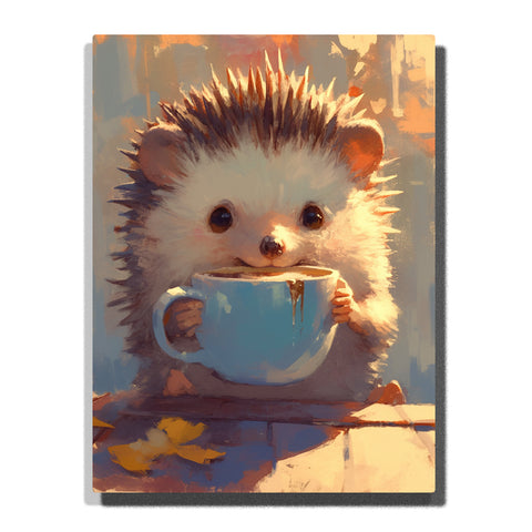 Little hedgehog drinking from a big blue cup with fluffy cream fur, tiny paws, round eyes, soft spines, warm window light, and cozy tea-time animal mood, paint by numbers by PaintEasy