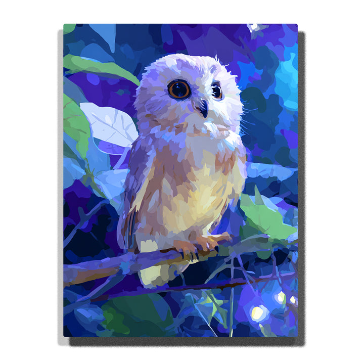 Little owl perched among blue forest leaves with round dark eyes, fluffy pale feathers, green foliage, branch details, and quiet woodland animal mood, paint by numbers by PaintEasy