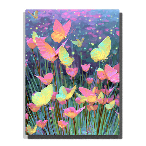Pastel butterflies flying through a flower meadow with pink, yellow, mint, and peach wings, tall green stems, glowing blossoms, and dreamy garden mood, paint by numbers by PaintEasy