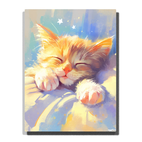 Sleeping kitten with closed eyes, soft orange and gray fur, fluffy white paws, pink nose, warm light, small star details, and cozy bedtime pet mood, paint by numbers by PaintEasy