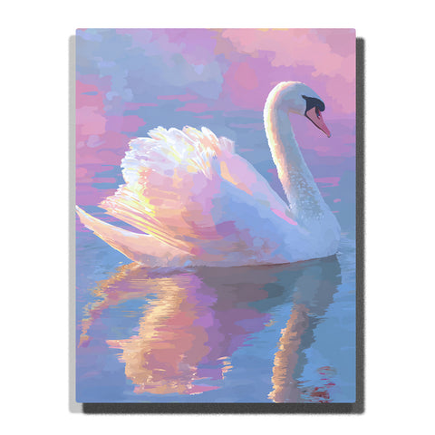 White swan gliding on pastel sunset water with raised feathered wing, curved neck, pink and lavender reflections, and gentle animal lake mood, paint by numbers by PaintEasy