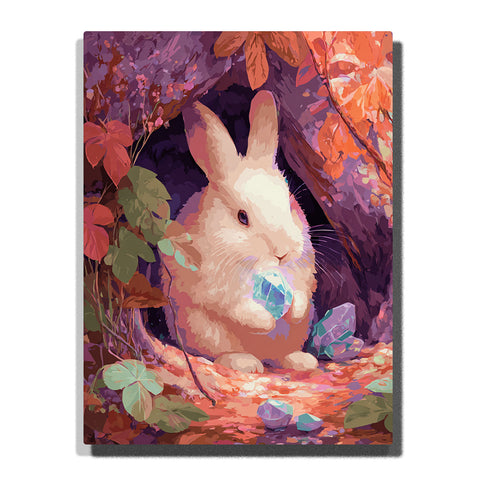 White rabbit holding a glowing blue crystal in an autumn forest with red-orange leaves, purple shadows, green plants, crystal stones, and magical woodland mood, paint by numbers by PaintEasy