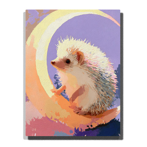 Little hedgehog sitting under a pastel crescent moon with white spines, peach and lavender background, soft color blocks, and gentle animal bedtime mood, paint by numbers by PaintEasy