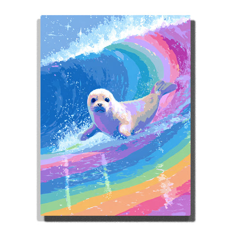 Baby seal surfing on a curling rainbow wave with white sea spray, blue water, pastel reflections, and playful ocean colors, paint by numbers wall art by PaintEasy