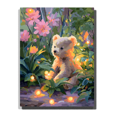 Bear cub sitting in a glowing flower forest with pink blossoms, leafy green plants, warm golden light dots, fluffy fur, and gentle woodland animal mood, paint by numbers by PaintEasy