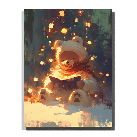 Cozy teddy bear reading a glowing book with winter hat, warm scarf, plush paws, golden floating lights, dark teal background, and bedtime story mood, paint by numbers by PaintEasy