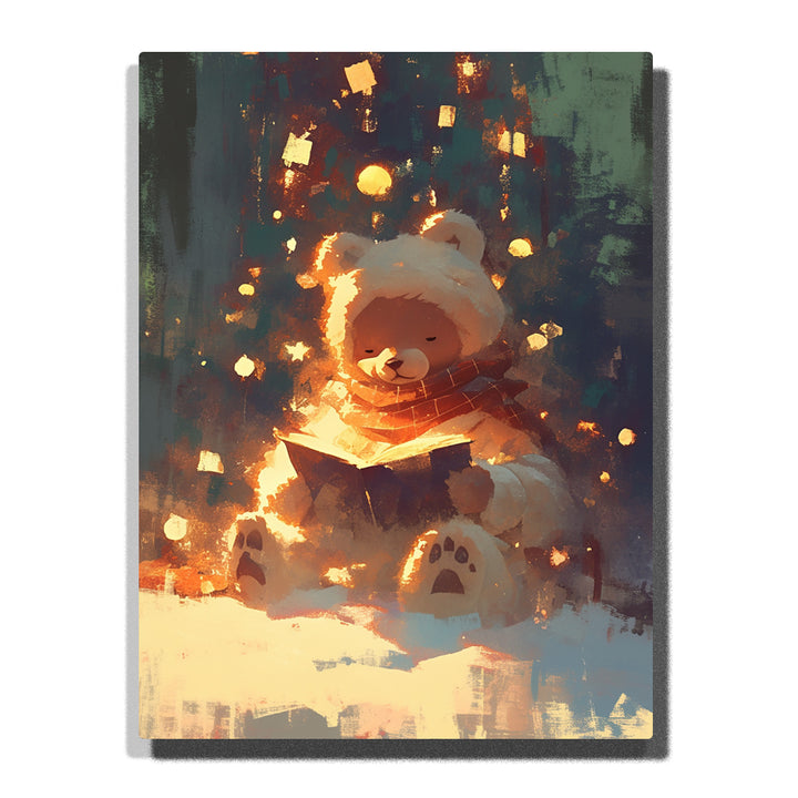 Cozy teddy bear reading a glowing book with winter hat, warm scarf, plush paws, golden floating lights, dark teal background, and bedtime story mood, paint by numbers by PaintEasy