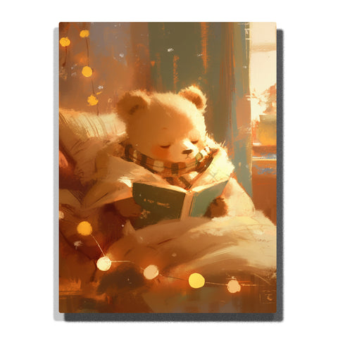 Teddy bear reading in a cozy bed with open book, warm scarf, soft blankets, golden string lights, window glow, and peaceful storytime animal mood, paint by numbers by PaintEasy