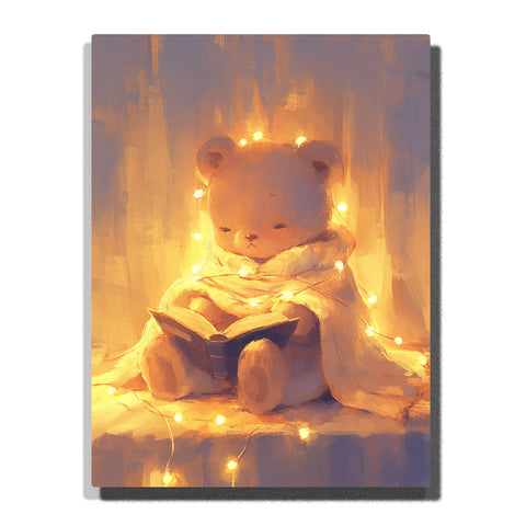 Teddy bear reading an open book wrapped in golden fairy lights with soft cream fur, rounded ears, tiny paws, warm shadows, and magical bedtime story mood, paint by numbers by PaintEasy