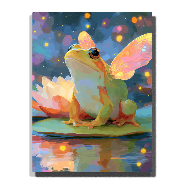 Winged frog sitting on a lily pad with glowing pond lights, translucent peach wings, lotus flower, soft water reflections, and magical animal mood, paint by numbers by PaintEasy