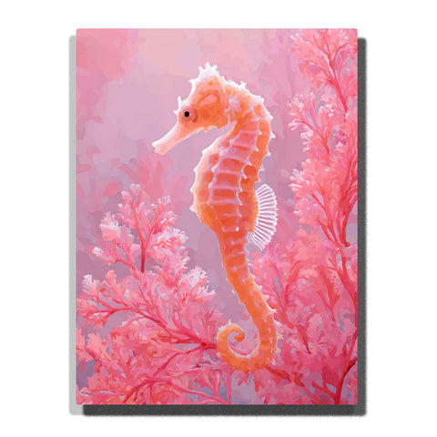 Coral-orange seahorse floating among pink seaweed with curled tail, ridged body, pale fin, and soft underwater plants, paint by numbers wall art by PaintEasy