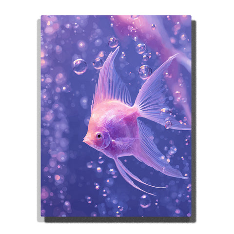 Pink angelfish floating in purple-blue water with shimmering bubbles, flowing translucent fins, and soft glowing light, paint by numbers wall art by PaintEasy