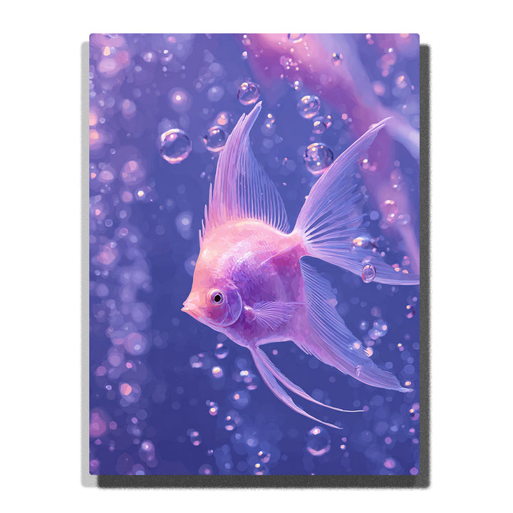 Pink angelfish floating in purple-blue water with shimmering bubbles, flowing translucent fins, and soft glowing light, paint by numbers wall art by PaintEasy