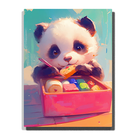 Little panda painting with a brush beside a pink paint box filled with colorful paint blocks, fluffy black-and-white fur, round eyes, teal background, and cute animal artist mood, paint by numbers by PaintEasy