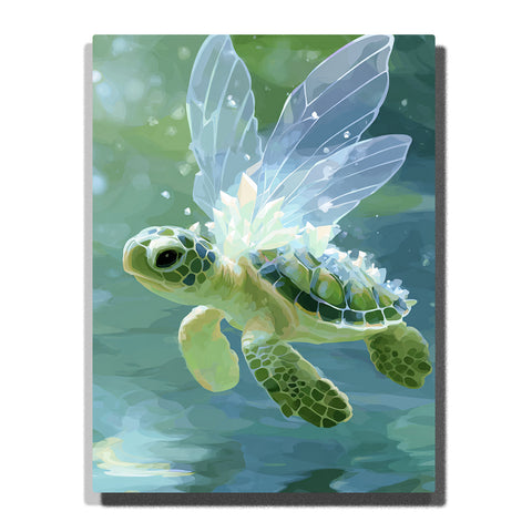 Winged baby sea turtle swimming in soft blue water with translucent fairy wings, green shell, gentle bubbles, and dreamy ocean animal mood, paint by numbers by PaintEasy