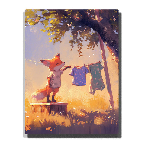 Little fox hanging laundry under a sunny tree with clothesline, wooden stump, fluffy tail, warm sunlight, leafy shadows, and cozy outdoor animal mood, paint by numbers by PaintEasy