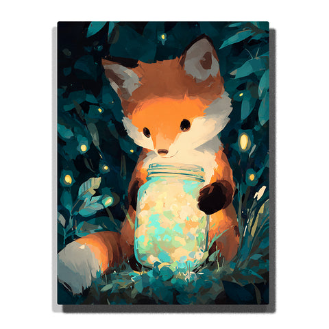 Fox holding a glowing jar in a dark forest with orange fur, white muzzle, pointed ears, teal leaves, golden light dots, and magical woodland animal mood, paint by numbers by PaintEasy