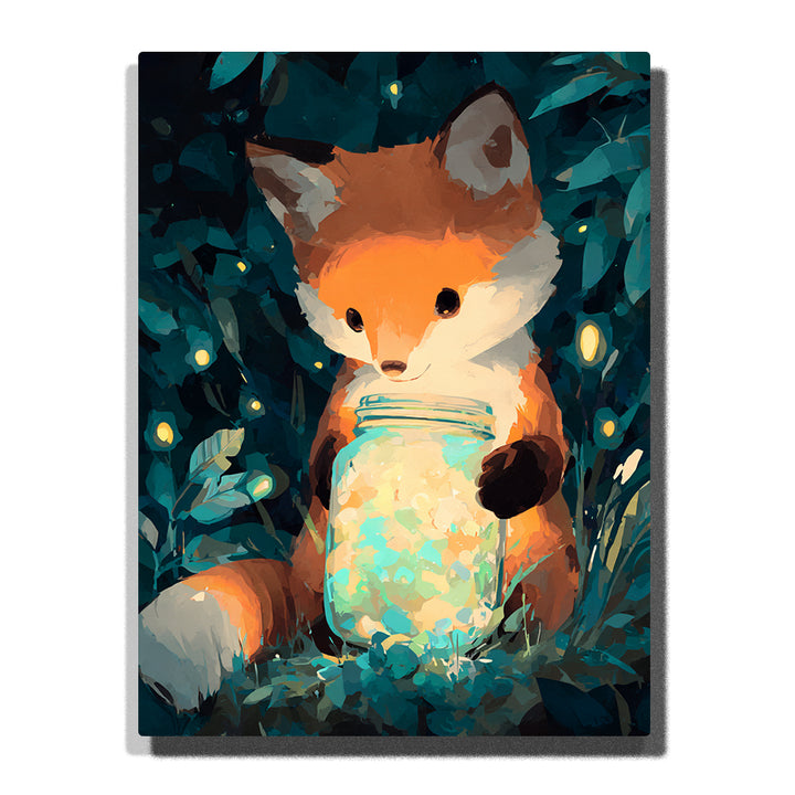 Fox holding a glowing jar in a dark forest with orange fur, white muzzle, pointed ears, teal leaves, golden light dots, and magical woodland animal mood, paint by numbers by PaintEasy