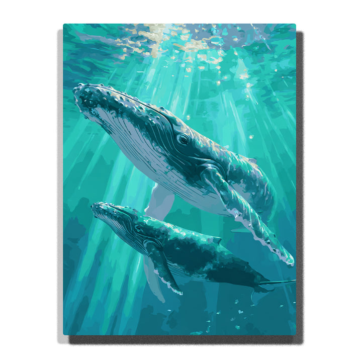 Two humpback whales swimming through sunlit turquoise water with ocean rays, bubbles, striped throat grooves, and deep teal shadows, paint by numbers wall art by PaintEasy