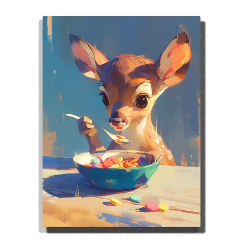 Little deer eating colorful cereal at a table with spoon, teal bowl, large ears, white spots, scattered cereal pieces, blue background, and cozy breakfast animal mood, paint by numbers by PaintEasy