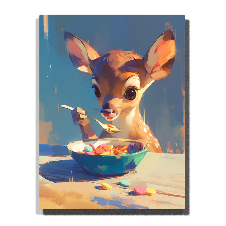 Little deer eating colorful cereal at a table with spoon, teal bowl, large ears, white spots, scattered cereal pieces, blue background, and cozy breakfast animal mood, paint by numbers by PaintEasy