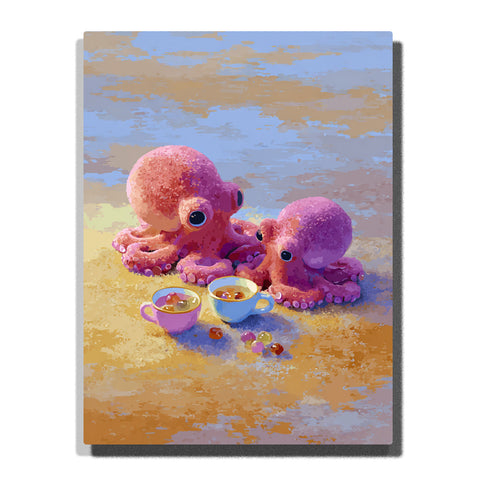 Two cute pink octopuses having tea on a sandy shore with small cups, scattered beads, soft blue water, and warm seaside light, paint by numbers wall art by PaintEasy